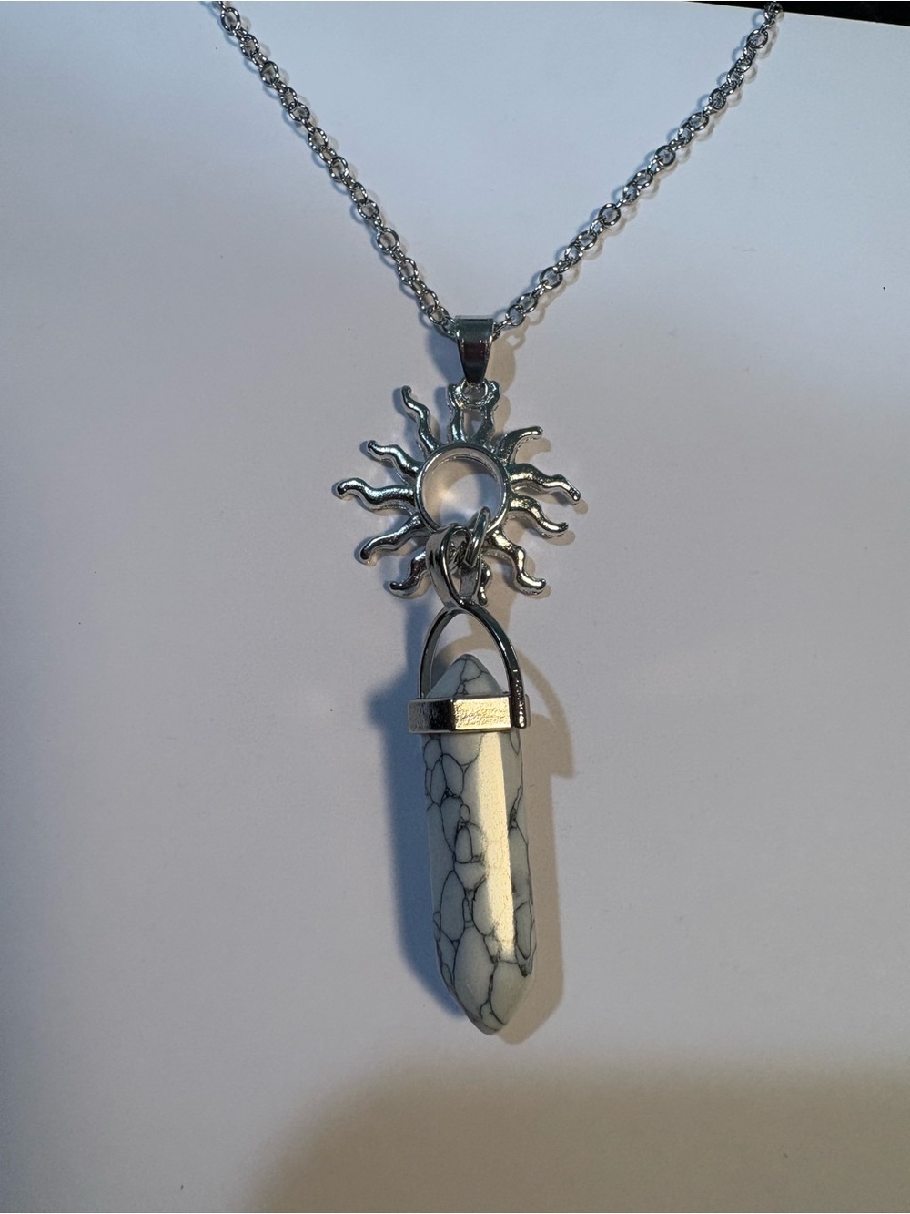 Silver-toned Sunburst Necklace Hexagonal Crystal Pendant with Chain New.